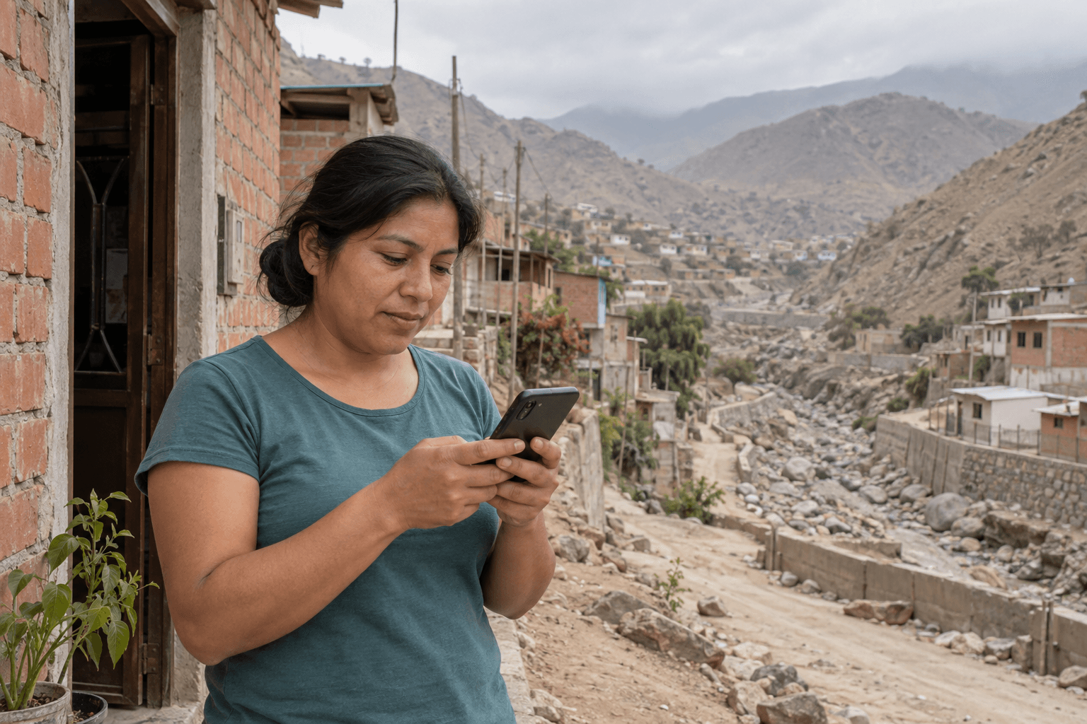 Una mujer consulta su celular junto a su vivienda, cerca de una quebrada seca entre las laderas de Lima